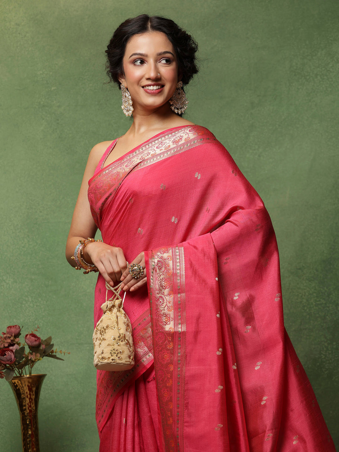 Hot Pink Woven Design Art Silk Saree