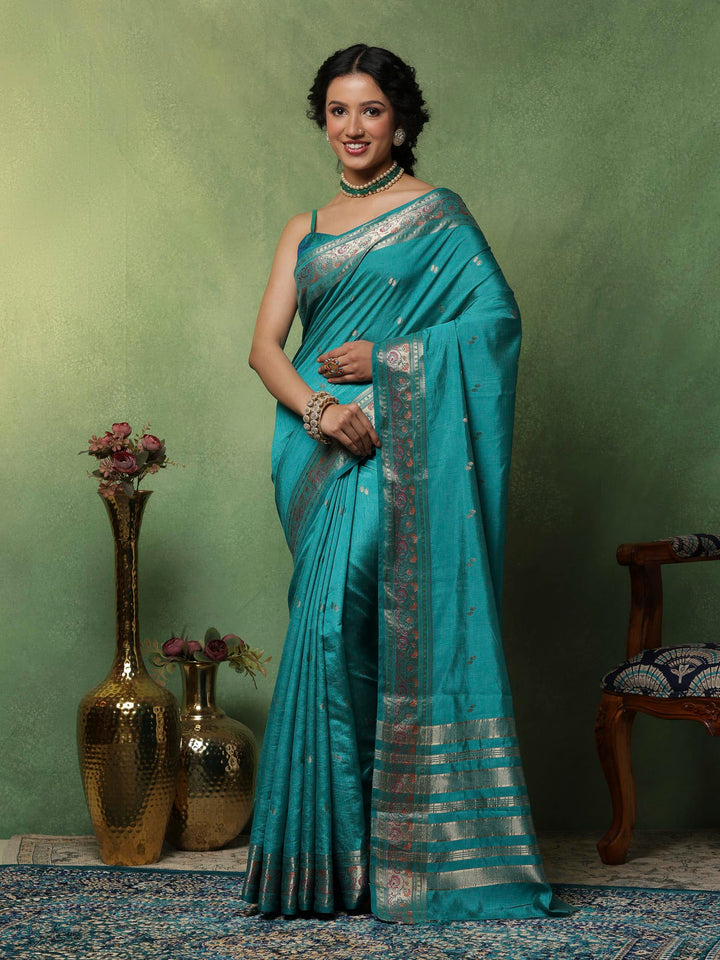 Lake Blue Woven Design Art Silk Saree