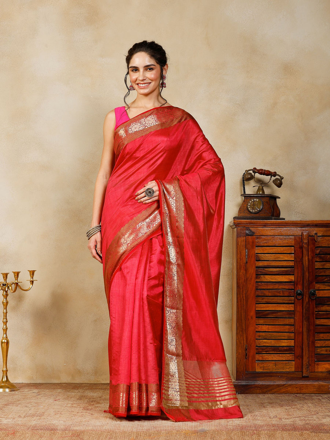 Hot Pink Woven Design Art Silk Saree