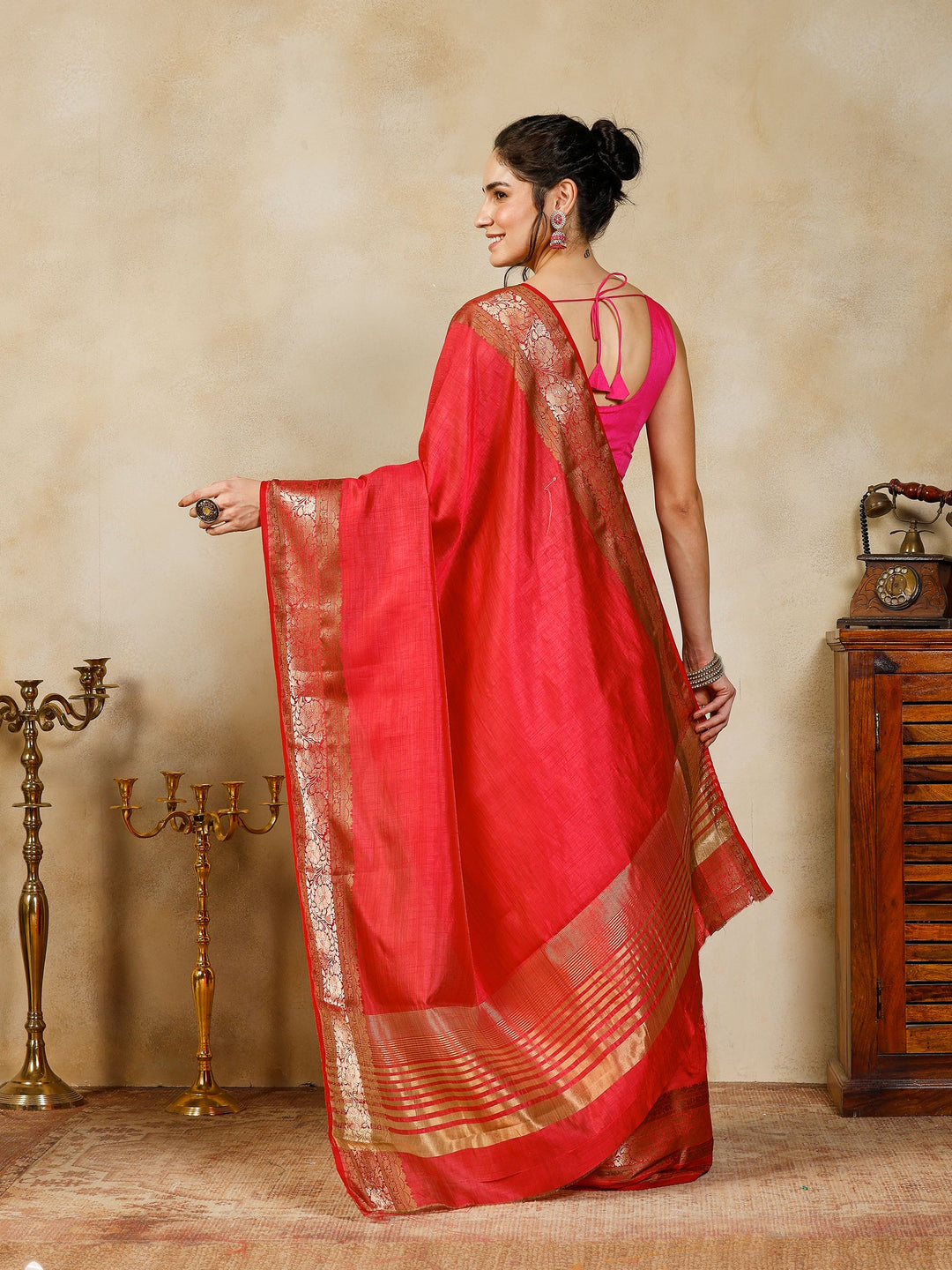 Hot Pink Woven Design Art Silk Saree