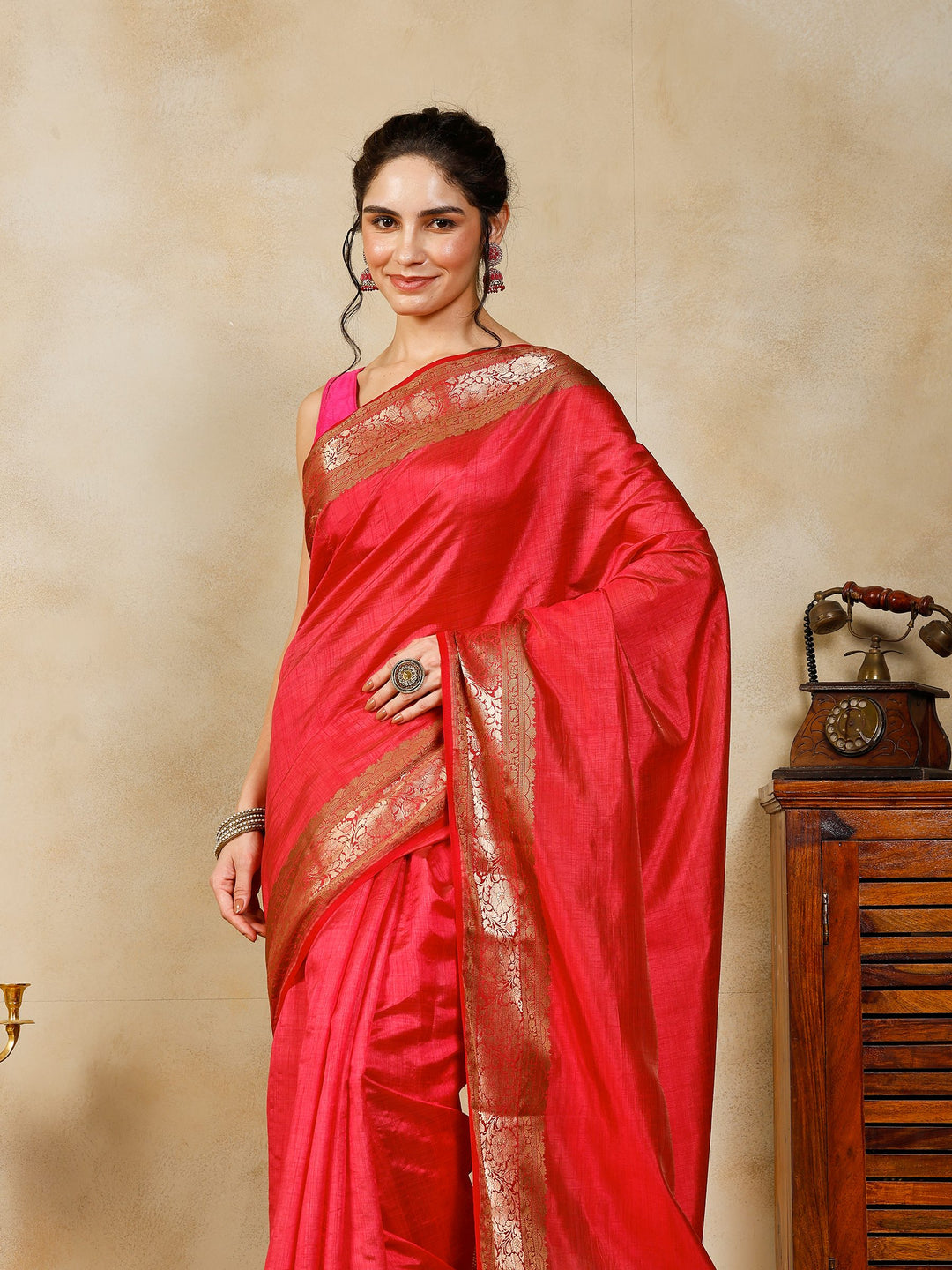 Hot Pink Woven Design Art Silk Saree