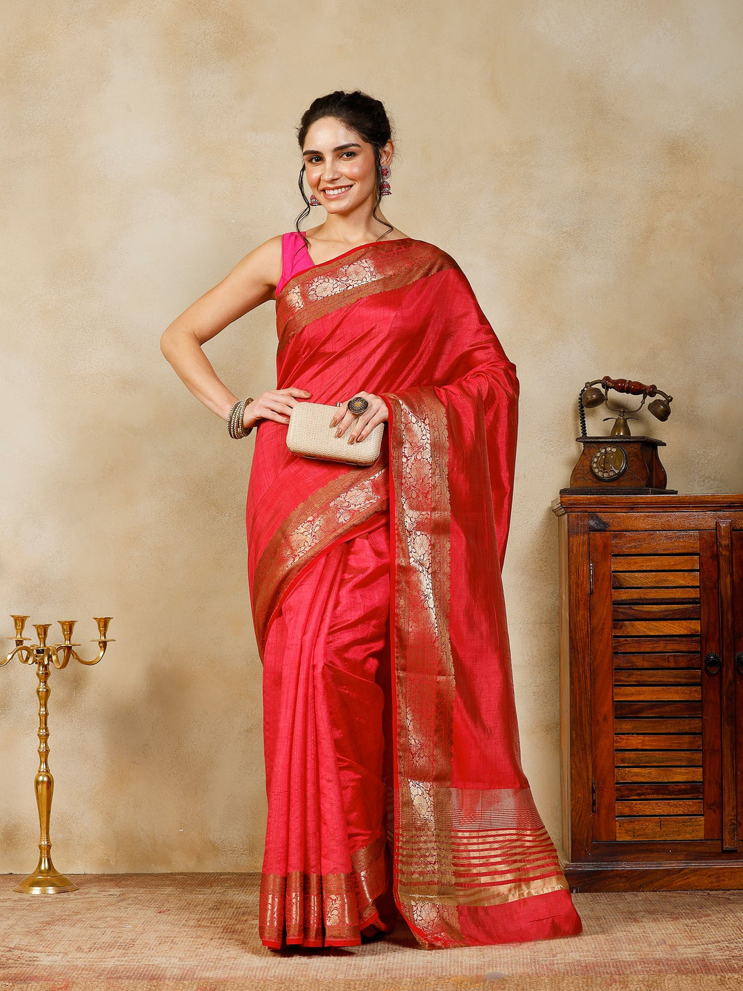 Hot Pink Woven Design Art Silk Saree