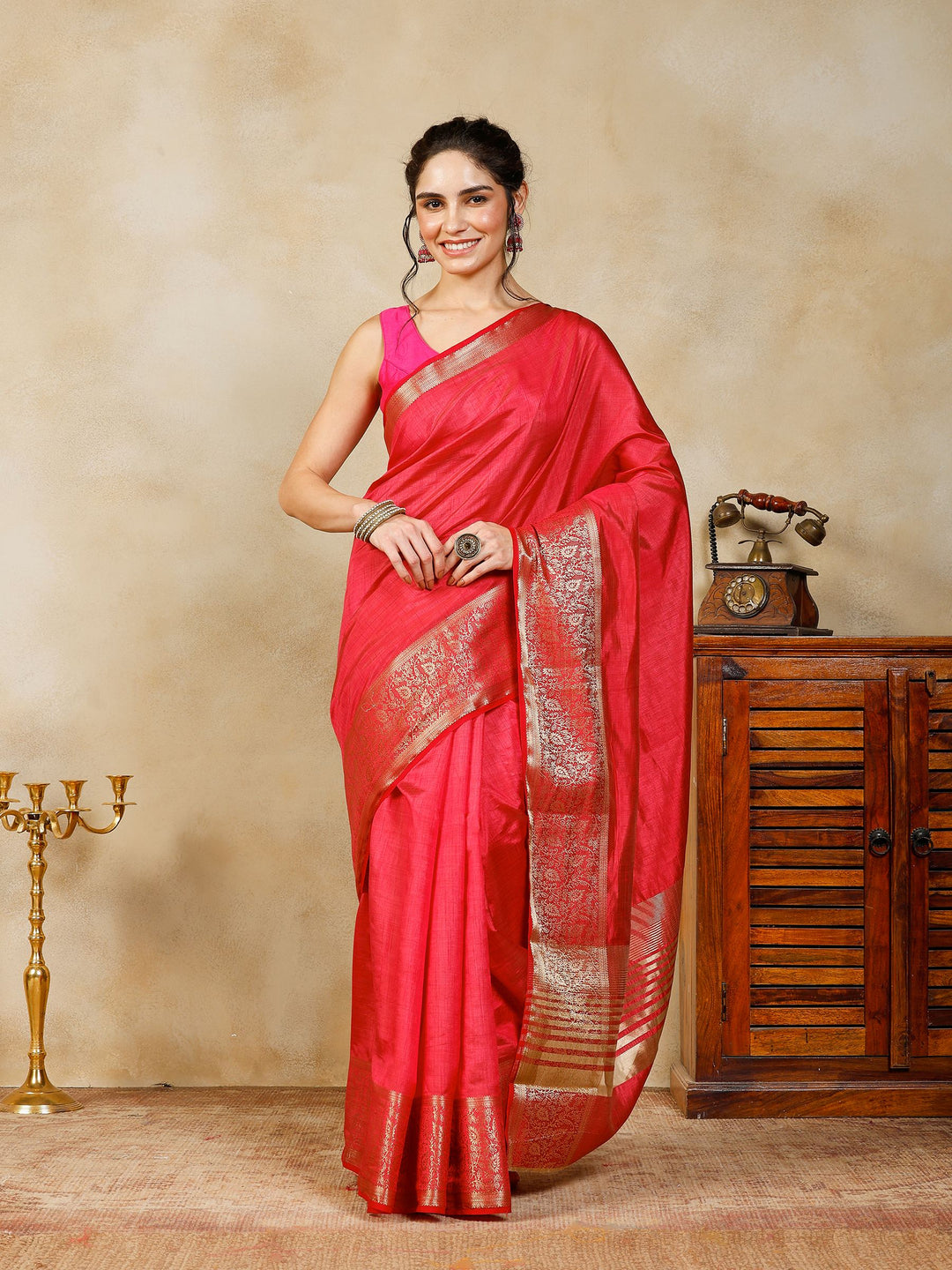Hot Pink Woven Design Art Silk Saree