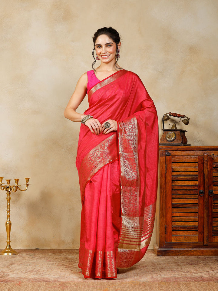 Hot Pink Woven Design Art Silk Saree