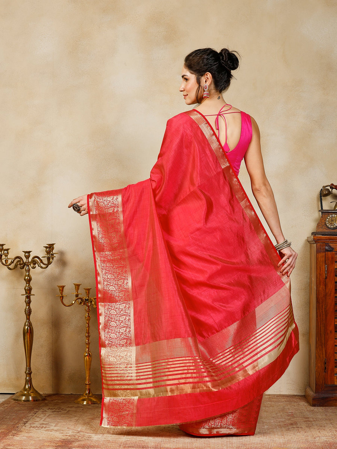 Hot Pink Woven Design Art Silk Saree