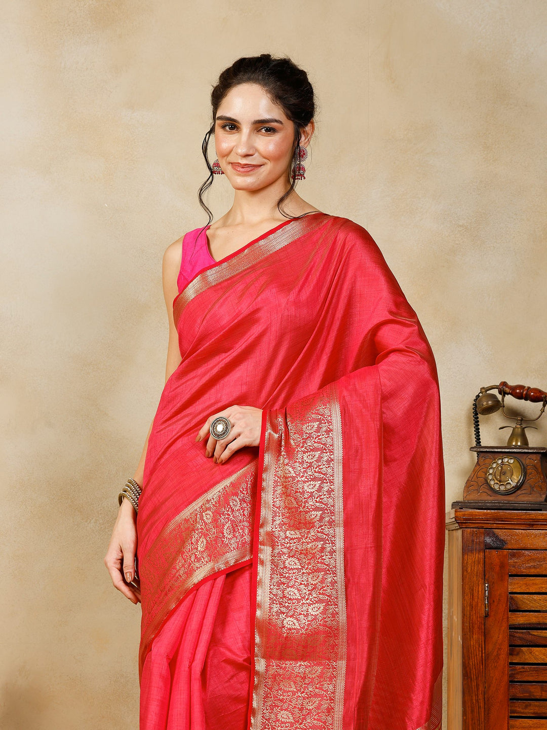 Hot Pink Woven Design Art Silk Saree