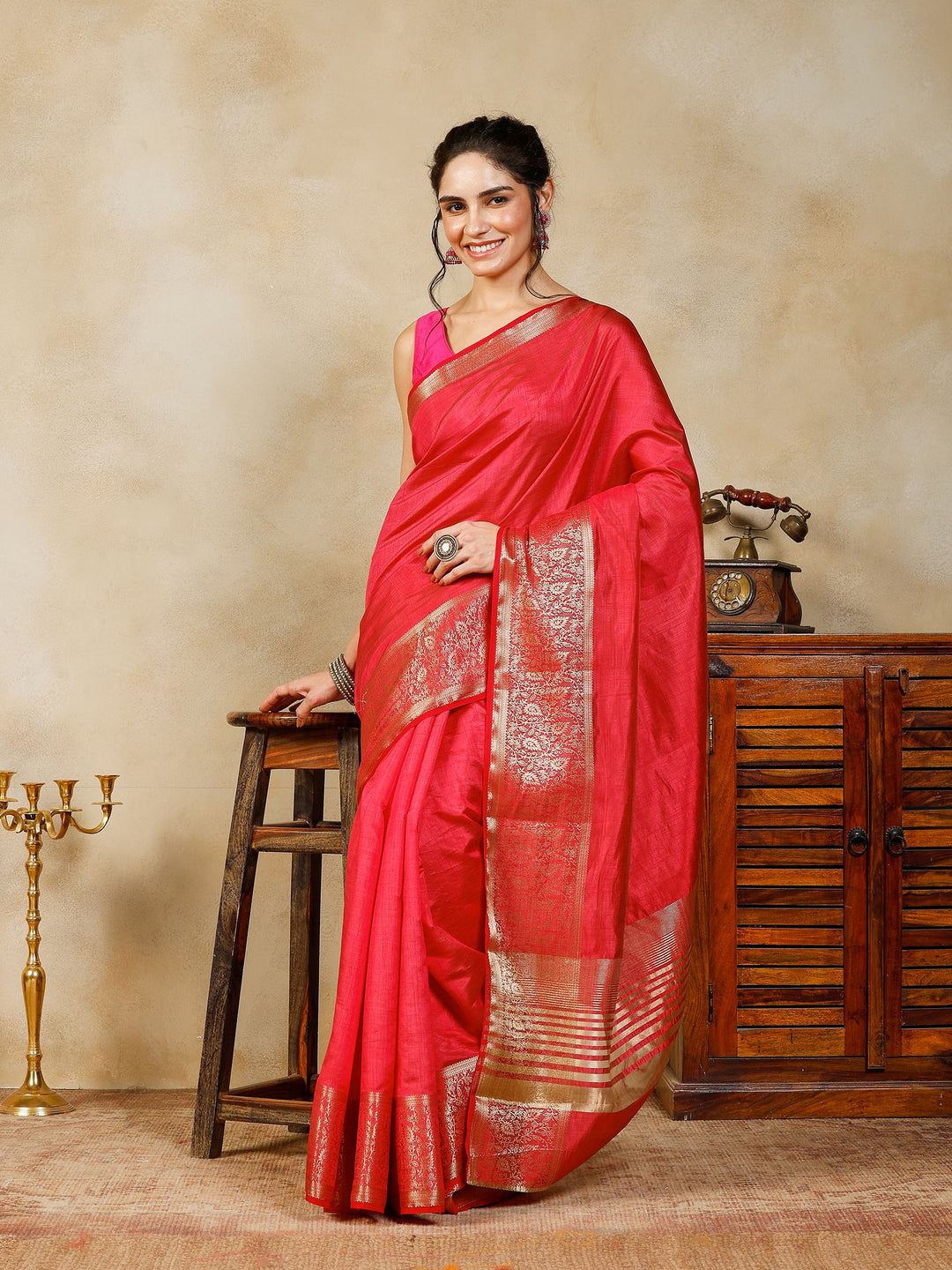 Hot Pink Woven Design Art Silk Saree