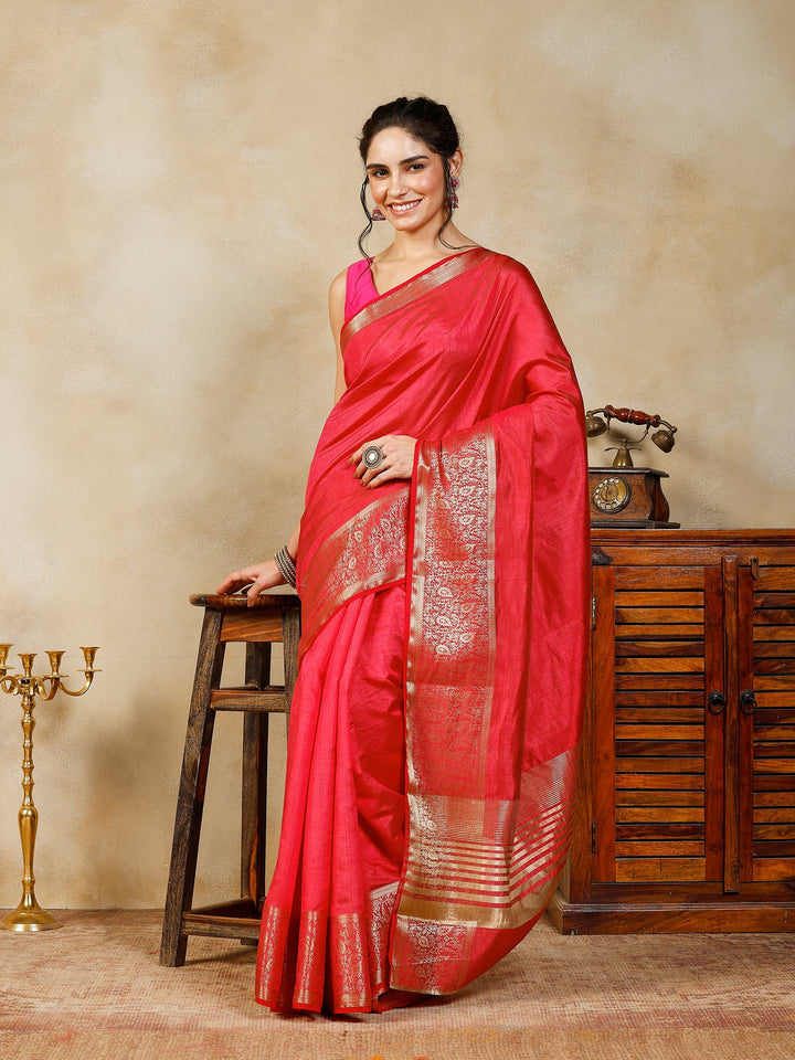 Hot Pink Woven Design Art Silk Saree