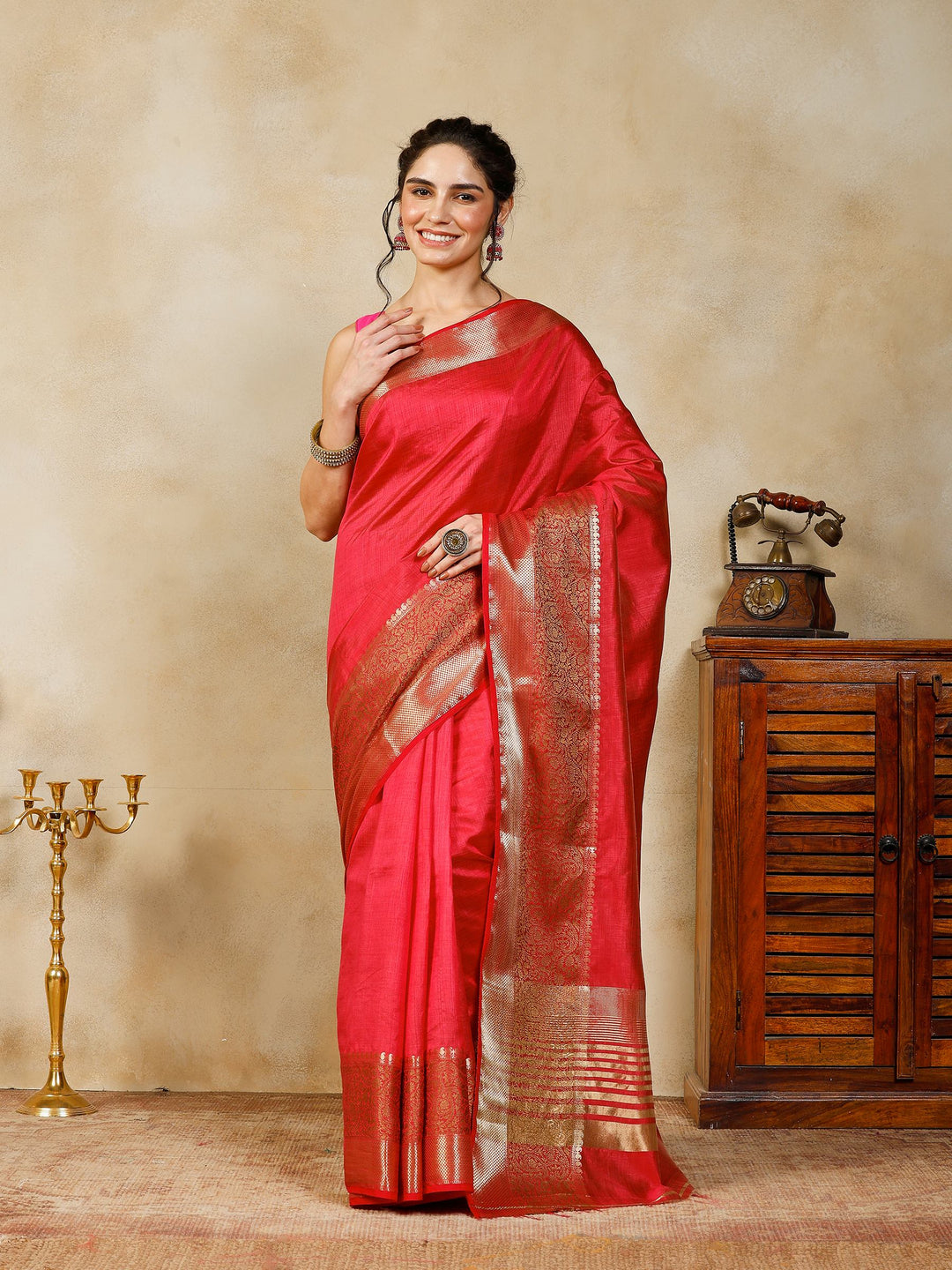 Hot Pink Woven Design Art Silk Saree