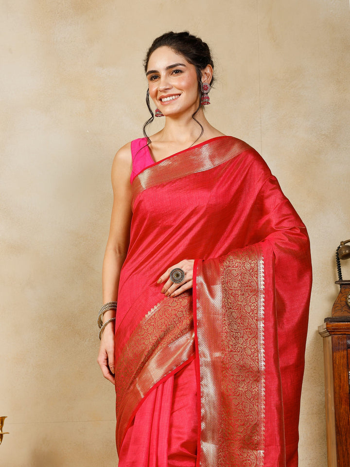 Hot Pink Woven Design Art Silk Saree