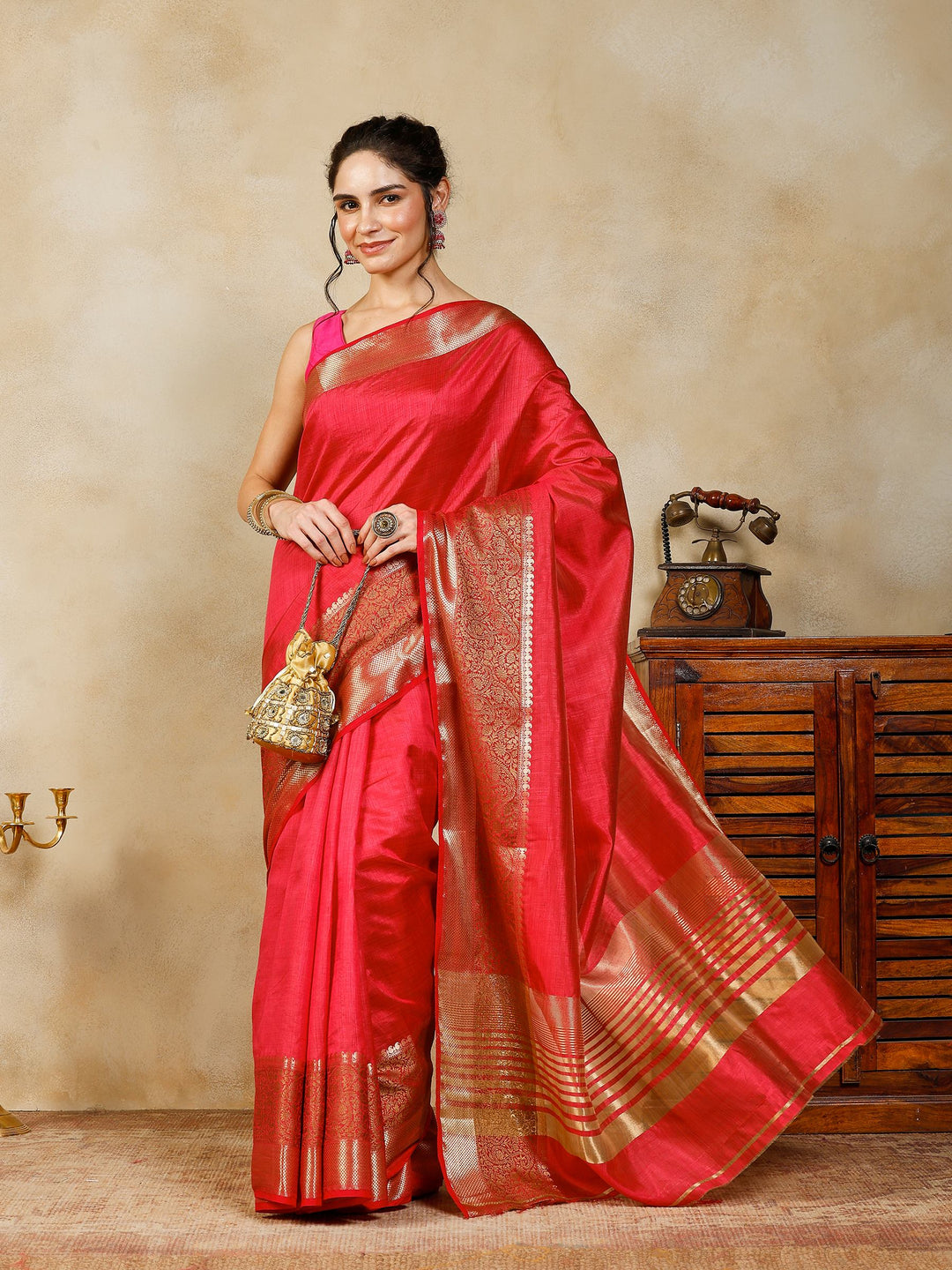 Hot Pink Woven Design Art Silk Saree
