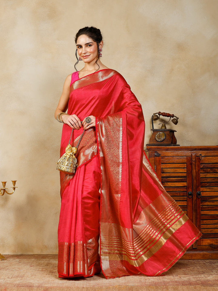Hot Pink Woven Design Art Silk Saree