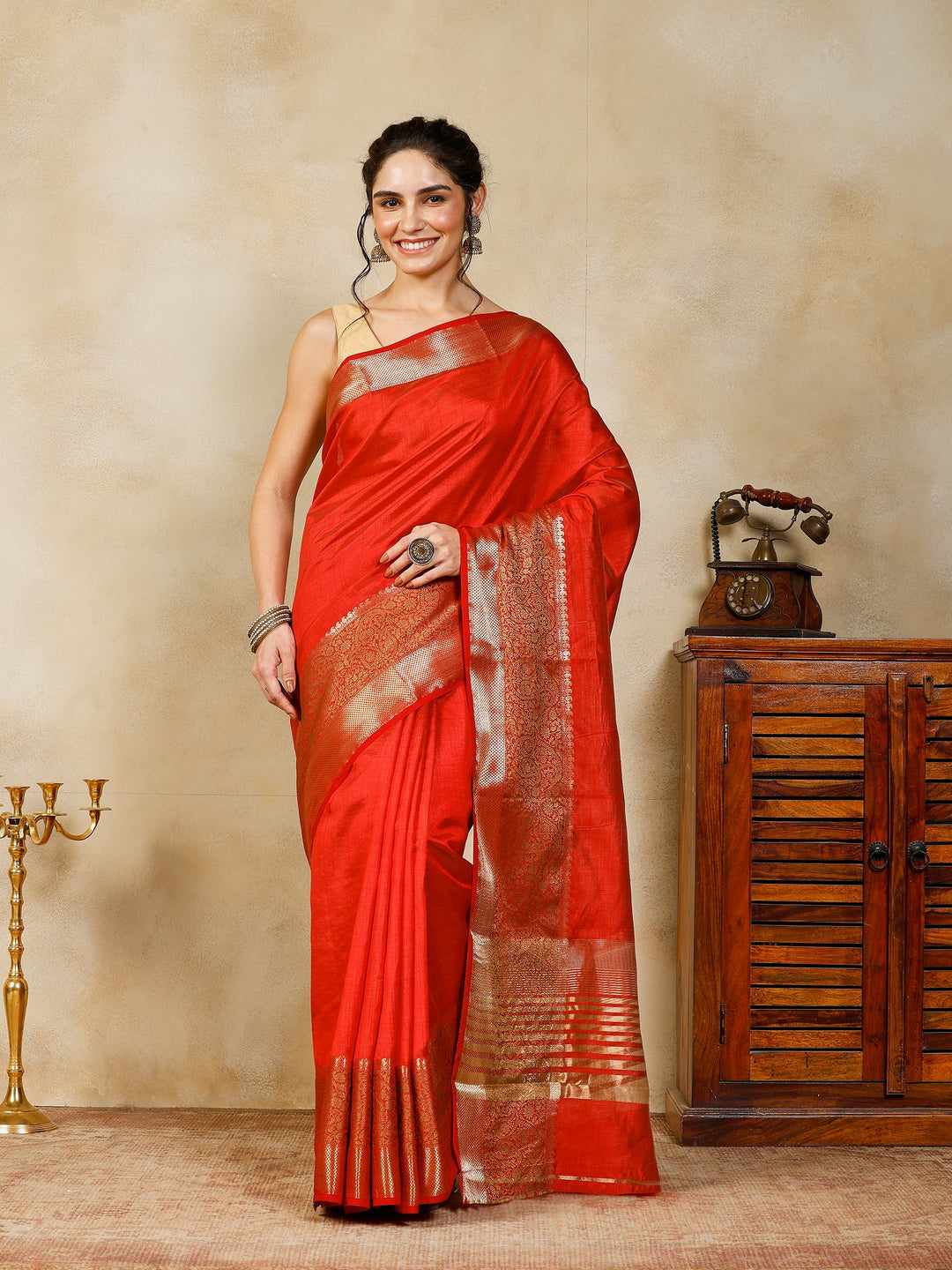 Rust Woven Design Art Silk Saree