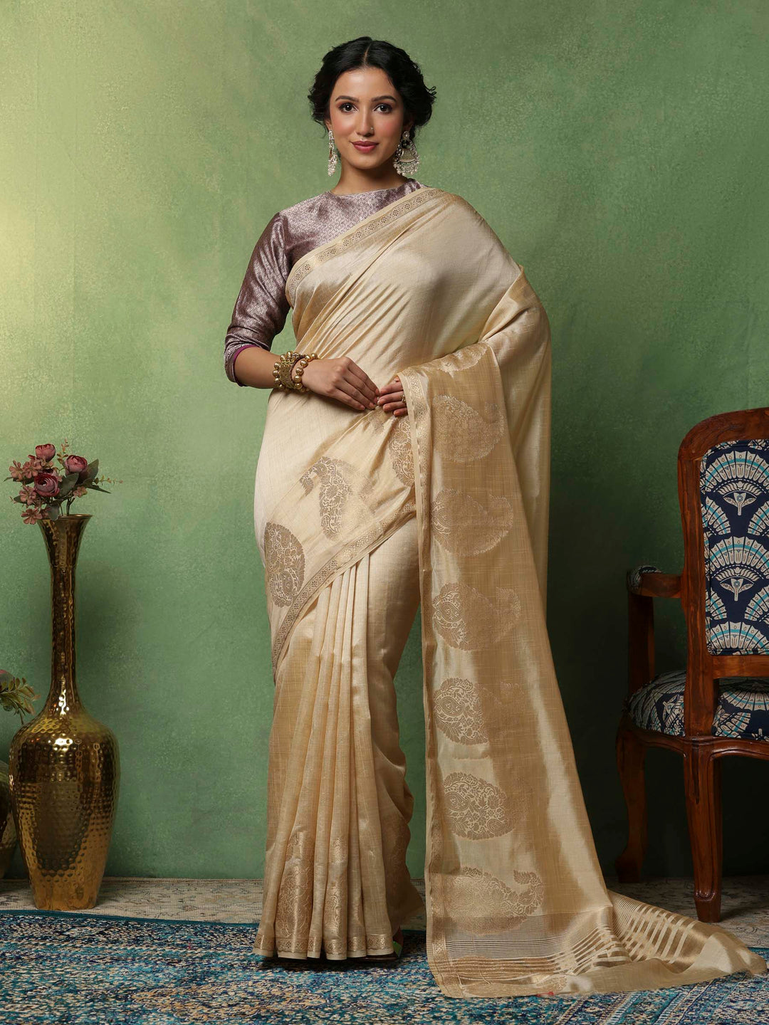Beige Woven Design Art Silk Saree