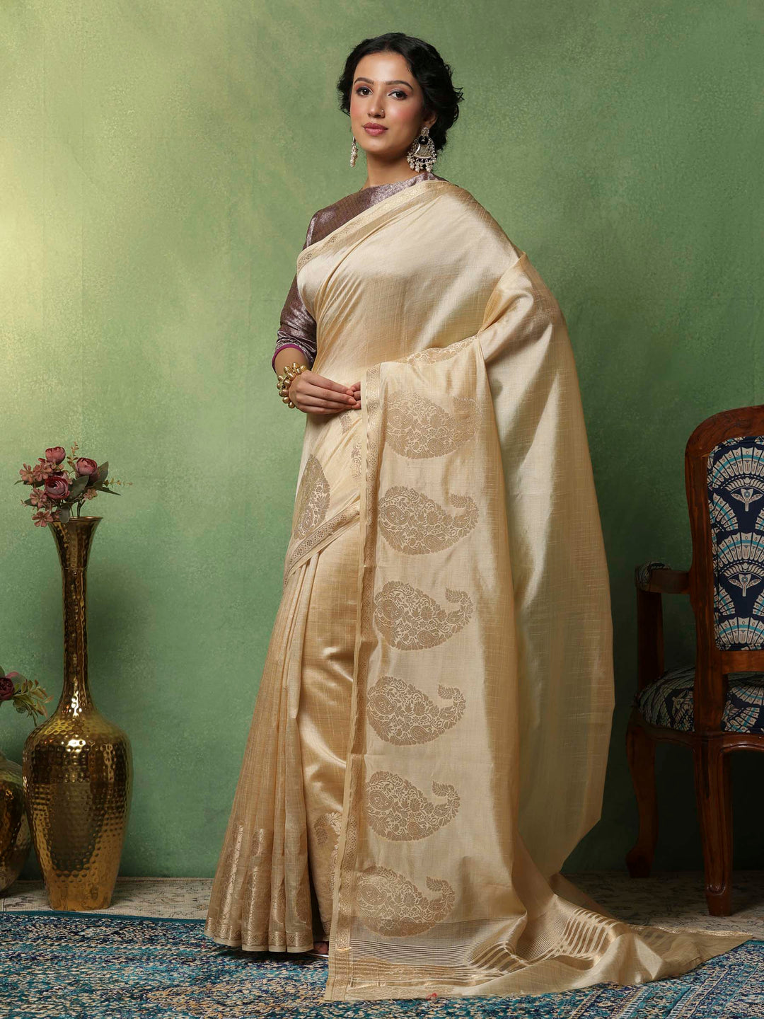Beige Woven Design Art Silk Saree