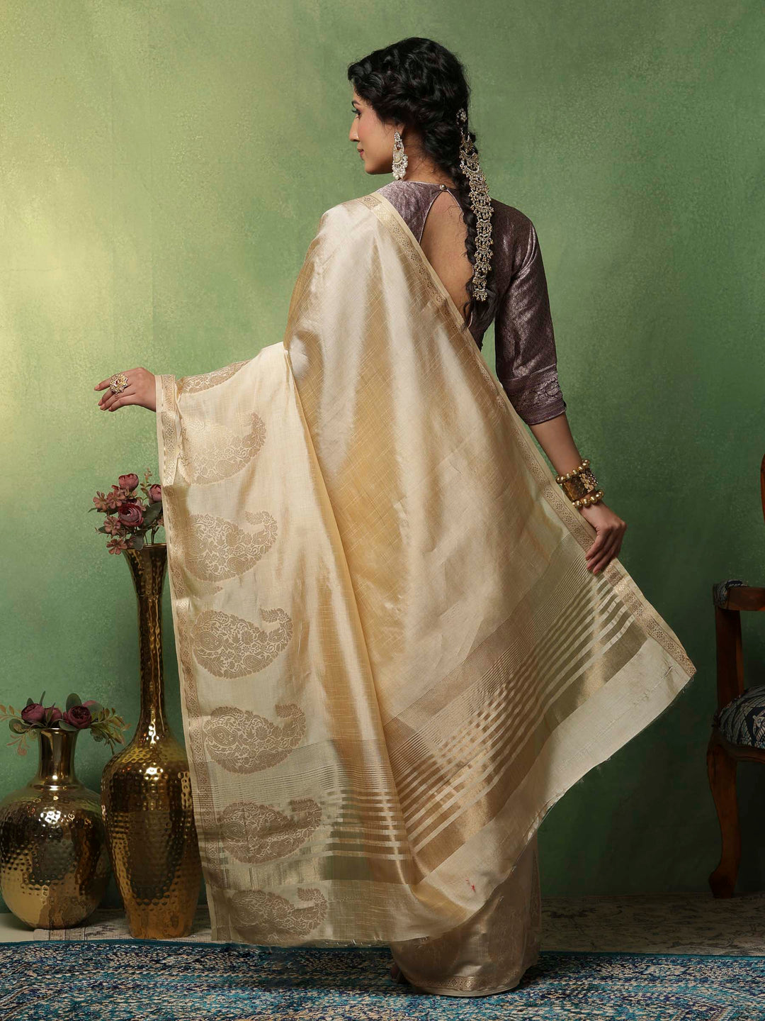 Beige Woven Design Art Silk Saree