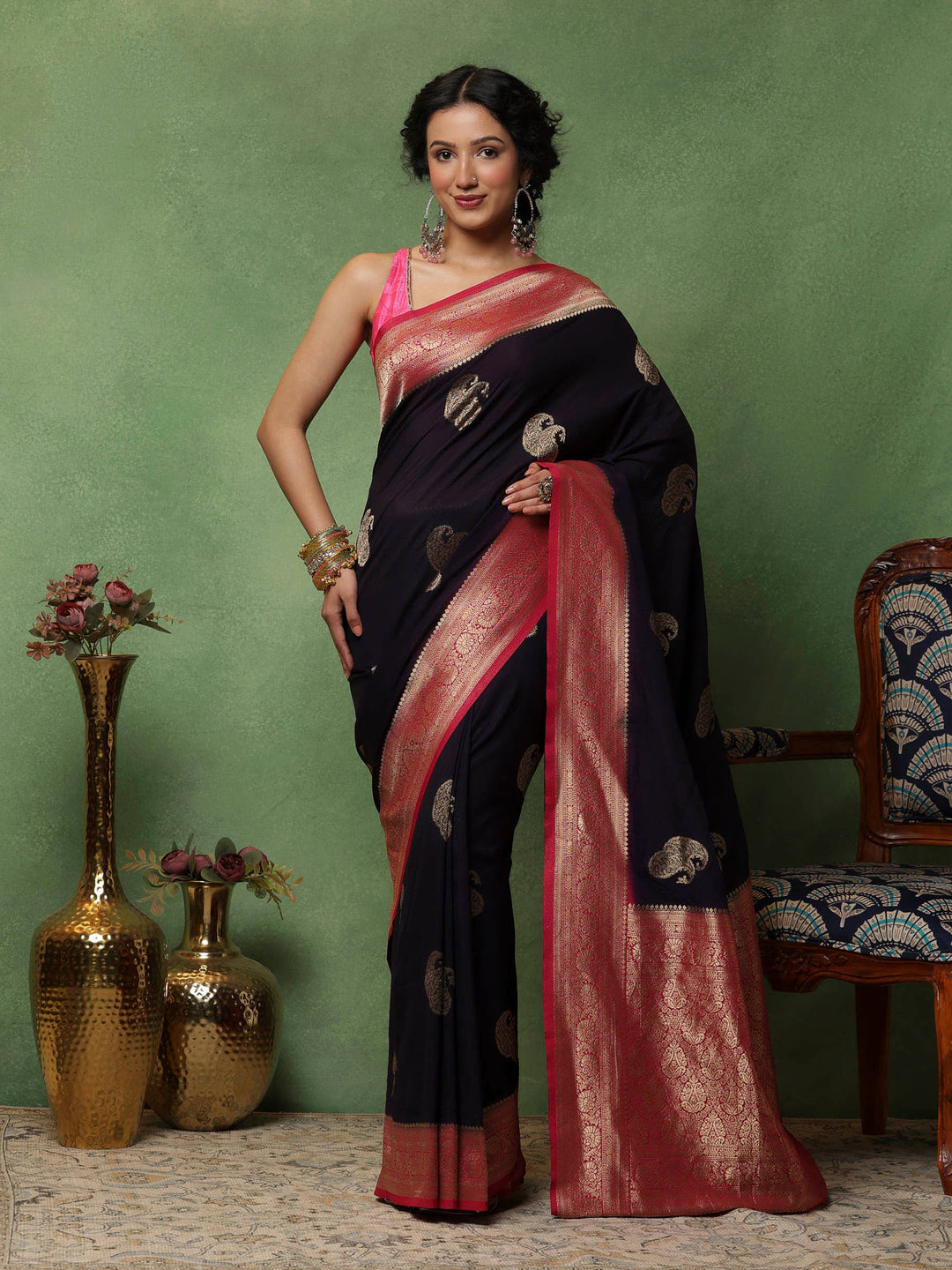Navy Blue Woven Design Art Silk Saree