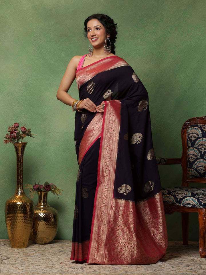 Navy Blue Woven Design Art Silk Saree