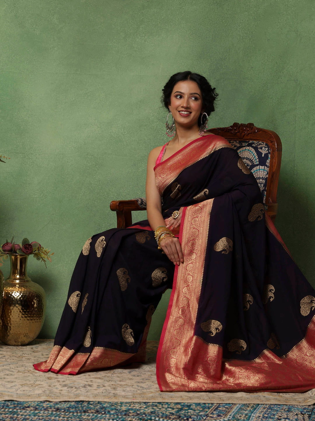 Navy Blue Woven Design Art Silk Saree