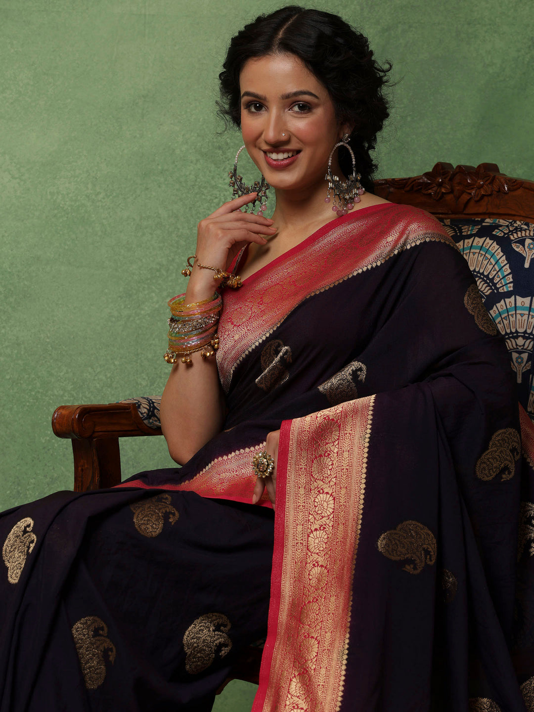 Navy Blue Woven Design Art Silk Saree