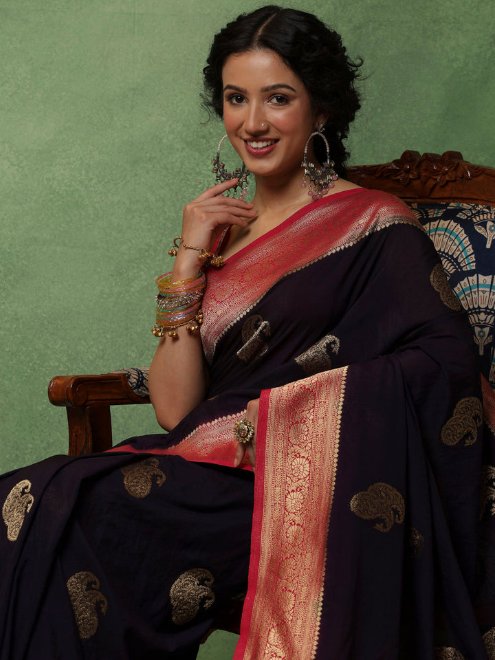 Navy Blue Woven Design Art Silk Saree