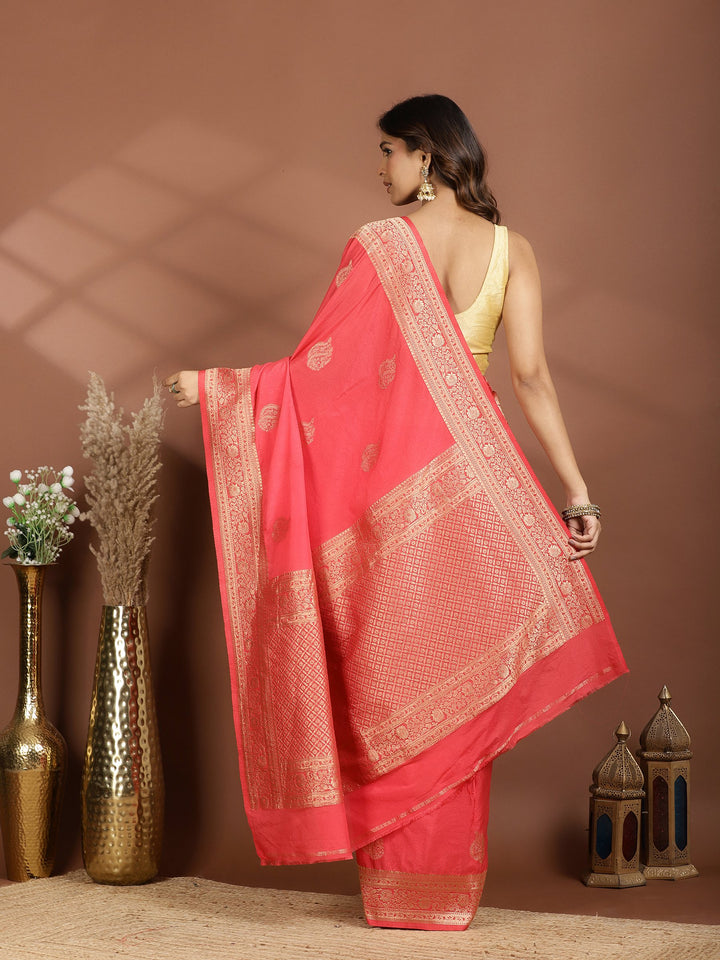 Peach Zari Booti Art Silk Saree