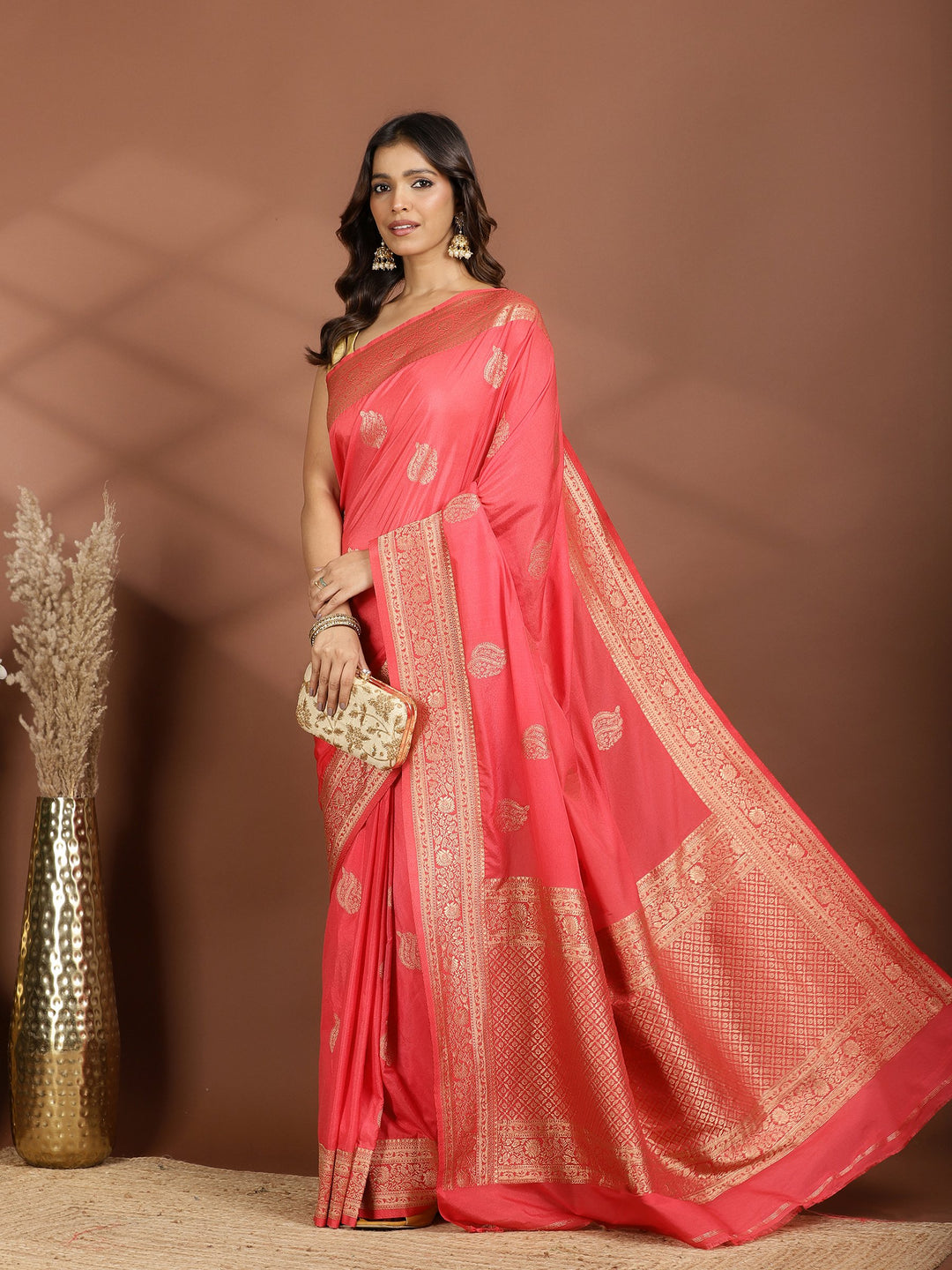 Peach Zari Booti Art Silk Saree