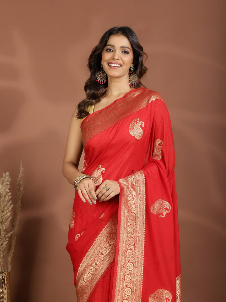 Red Zari Booti Art Silk Saree