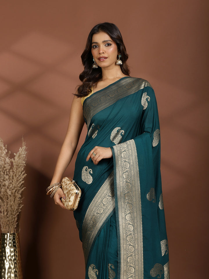 Teal Blue Zari Booti Art Silk Saree
