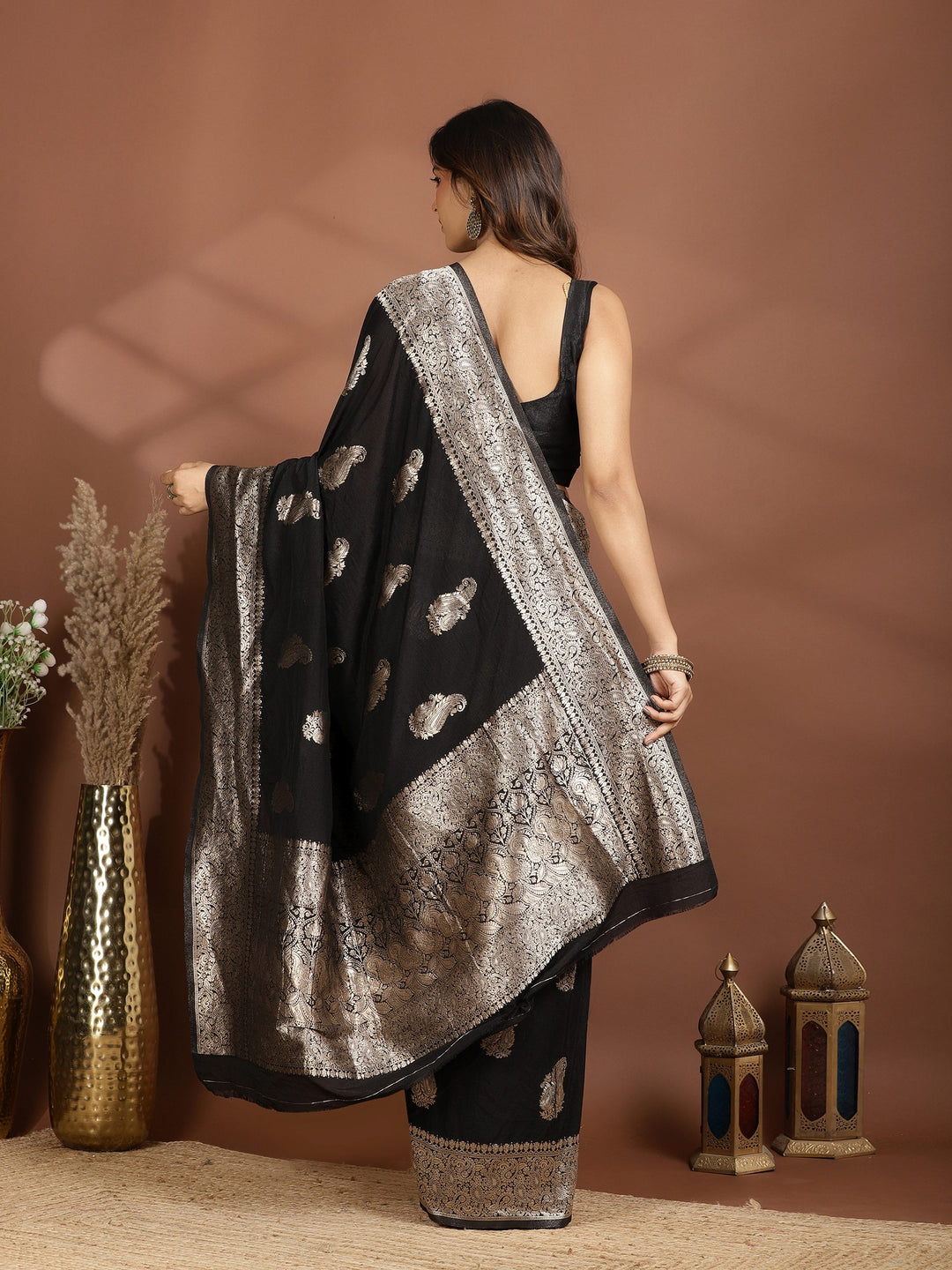 Black Zari Booti Art Silk Saree