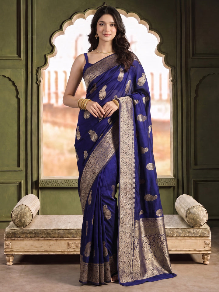 Navy Blue Woven Design Art Silk Saree