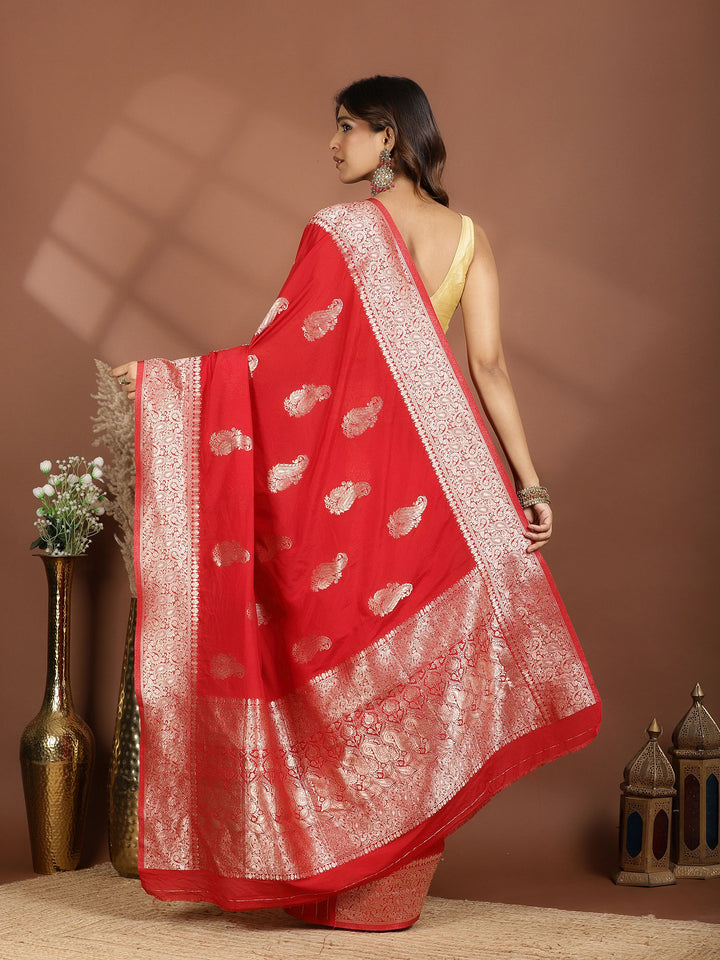 Red Zari Booti Art Silk Saree