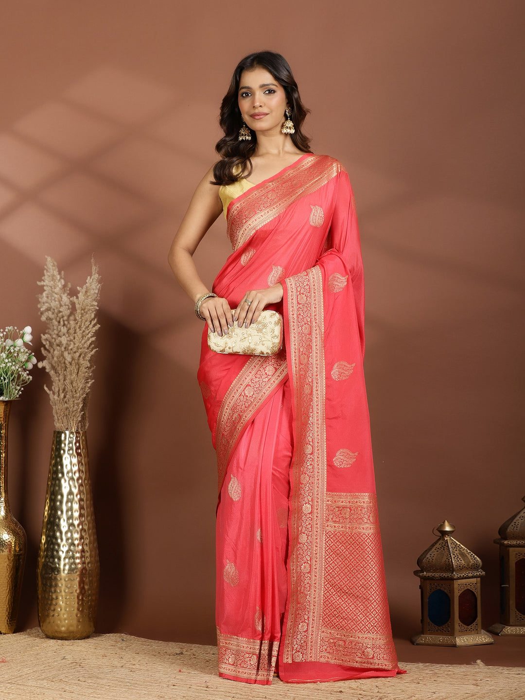 Peach Zari Booti Art Silk Saree