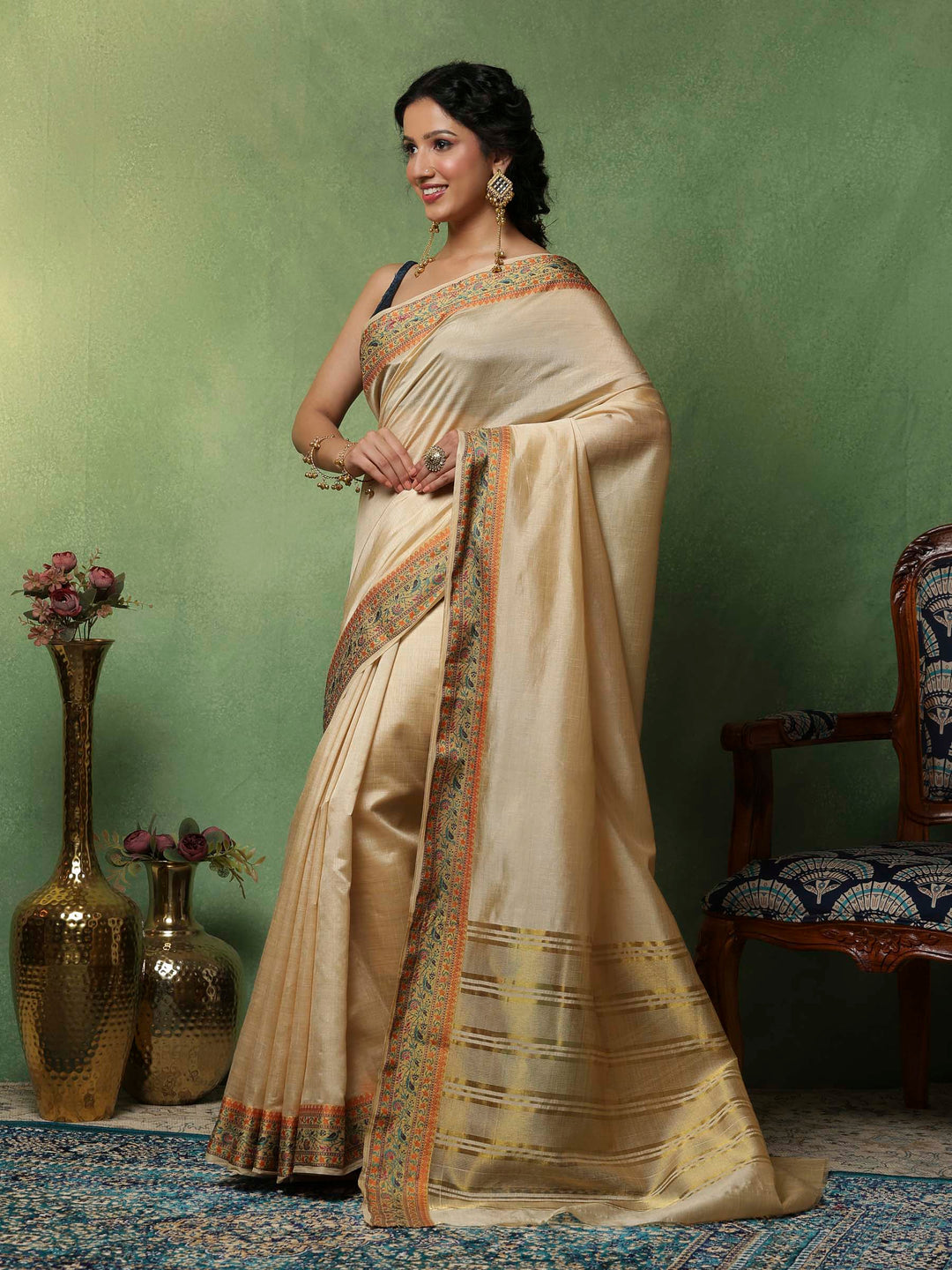 Beige Woven Design Art Silk Saree