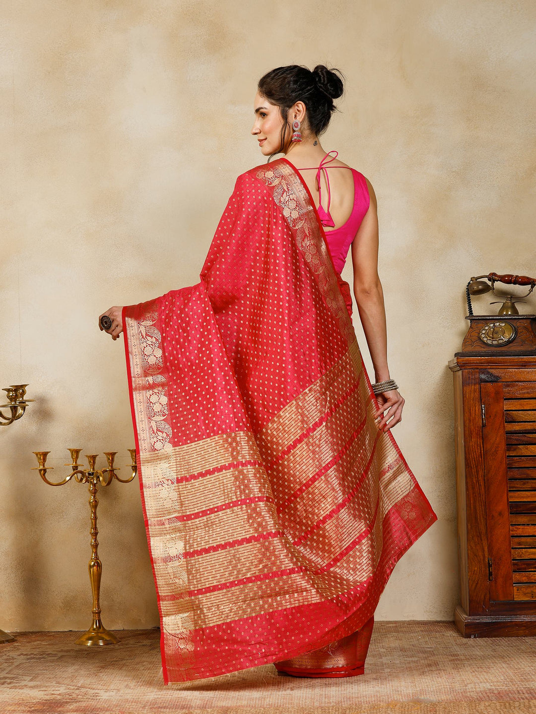Hot Pink Woven Design Art Silk Saree