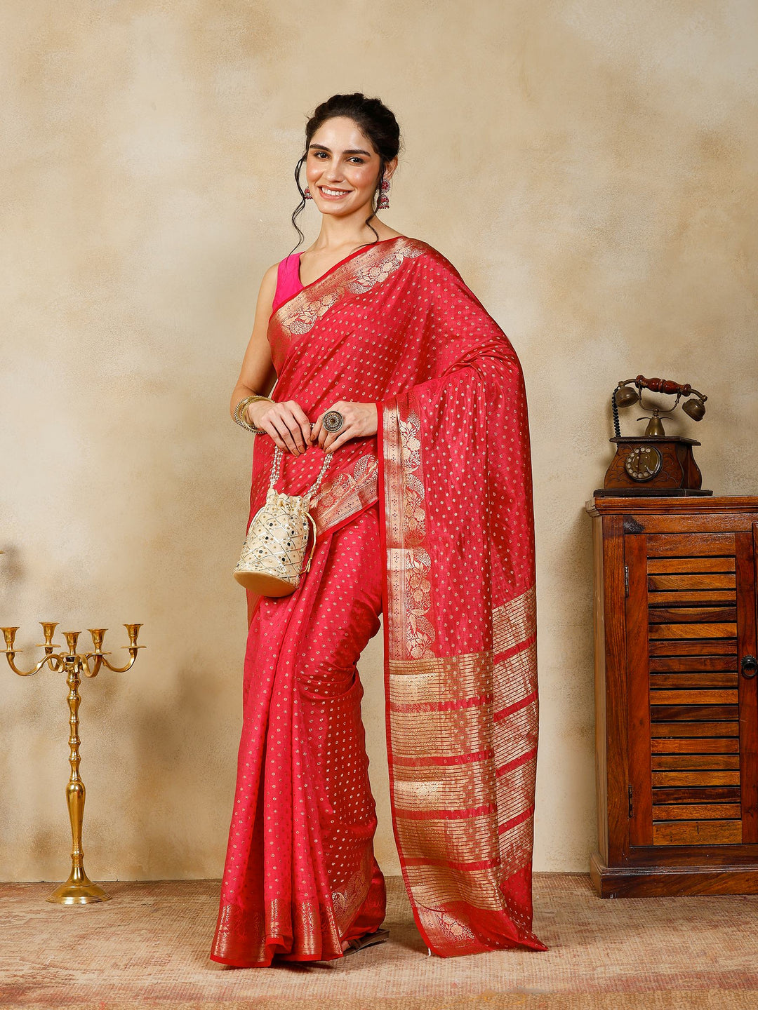 Hot Pink Woven Design Art Silk Saree