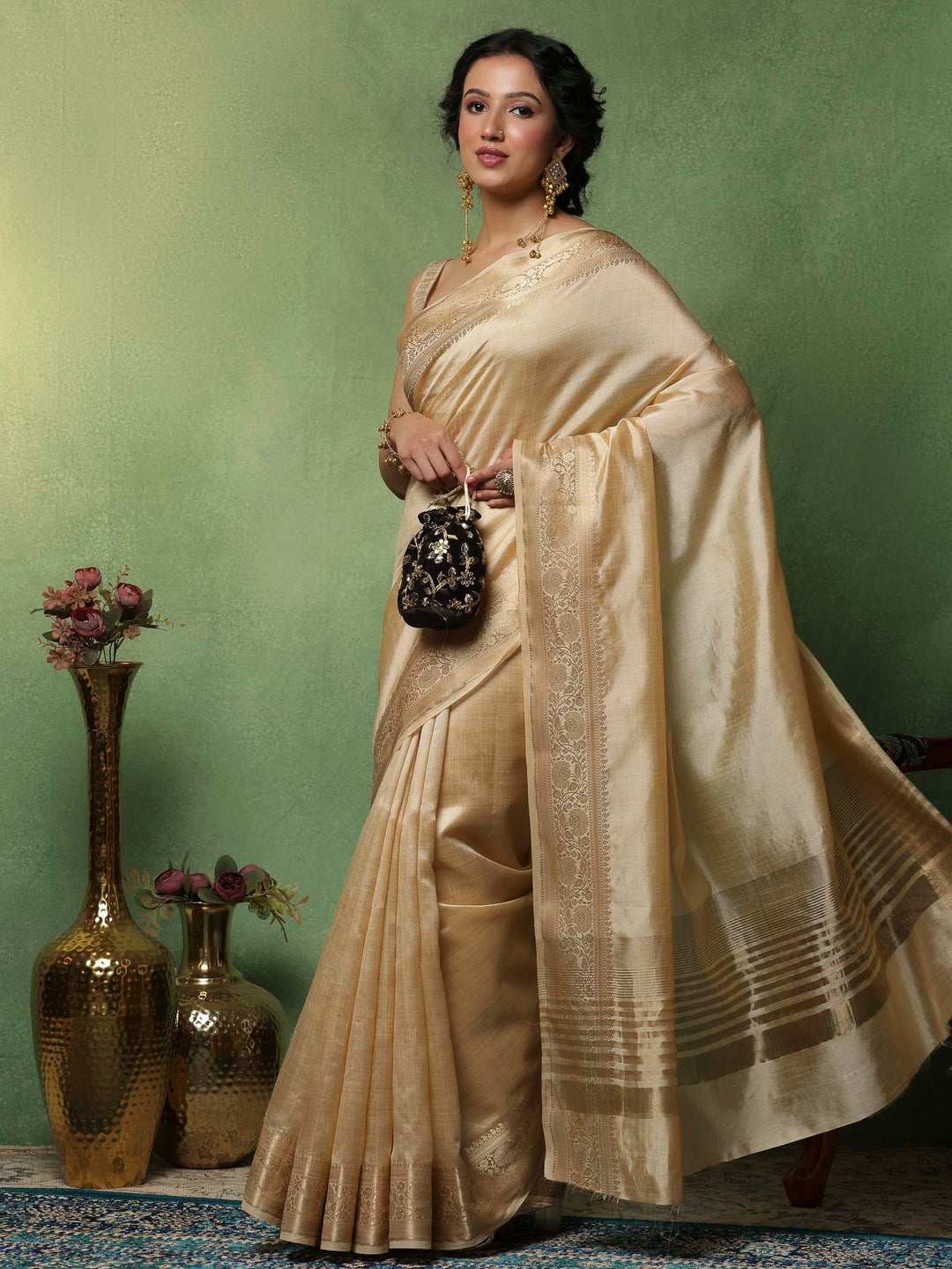 Beige Woven Design Art Silk Saree