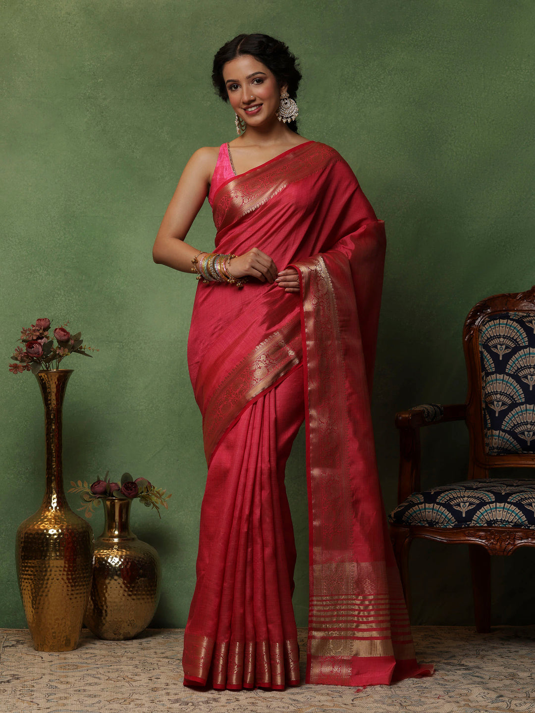 Hot Pink Woven Design Art Silk Saree