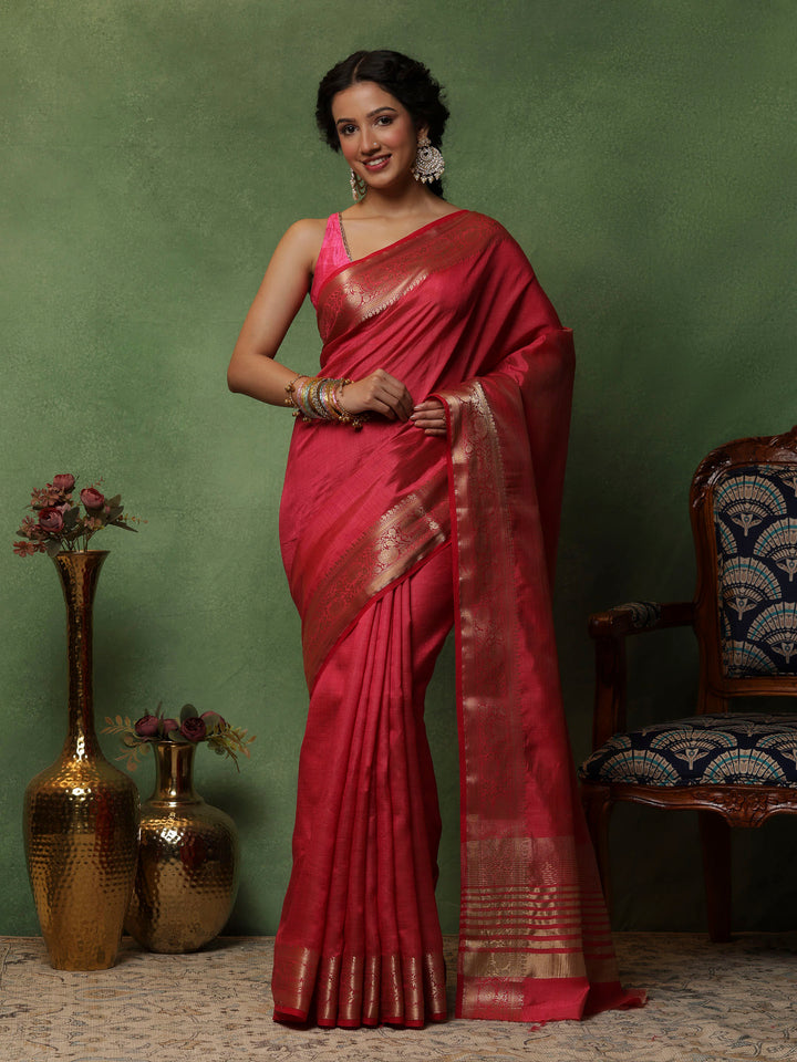 Hot Pink Woven Design Art Silk Saree