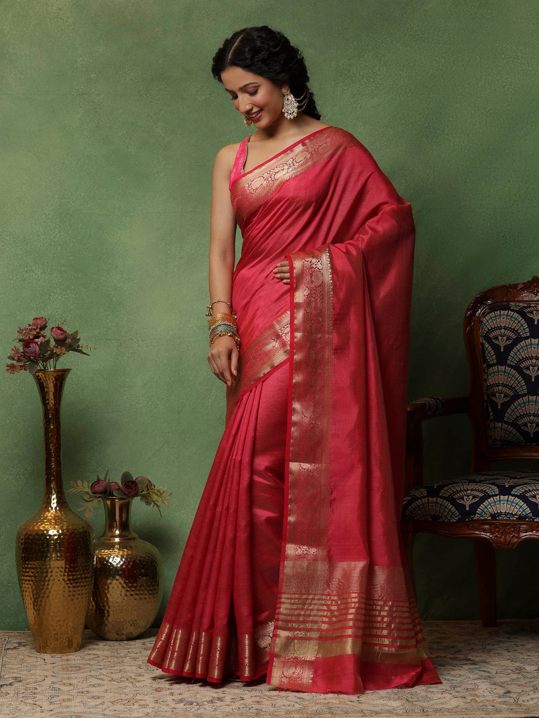 Hot Pink Woven Design Art Silk Saree
