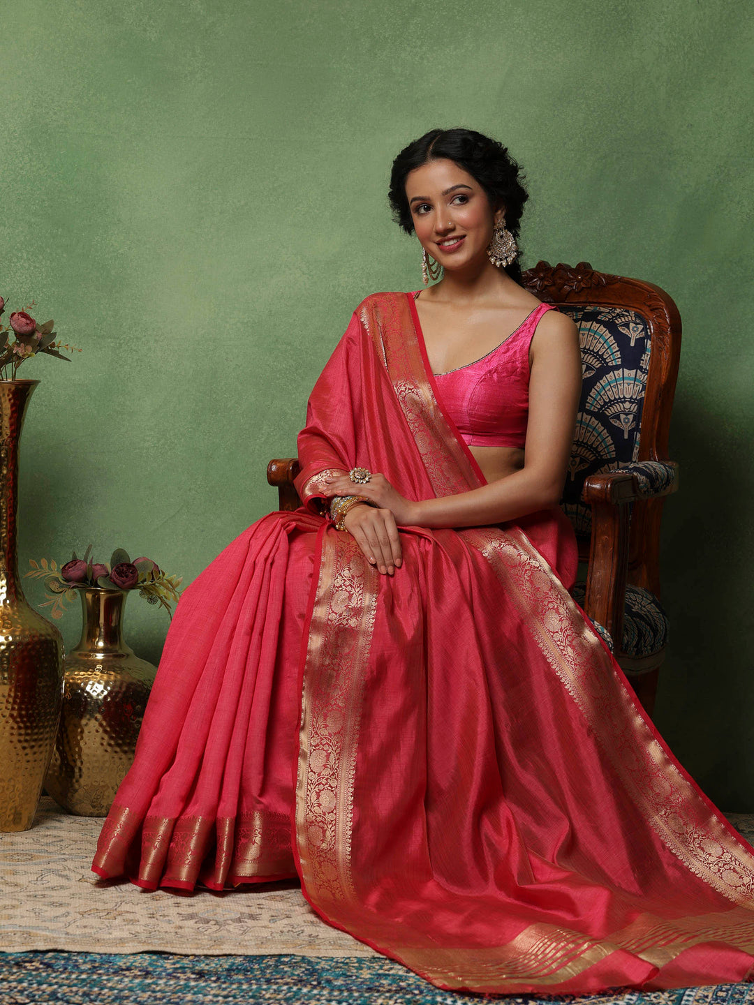 Hot Pink Woven Design Art Silk Saree