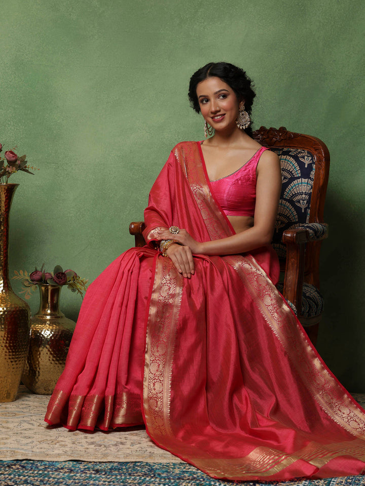 Hot Pink Woven Design Art Silk Saree
