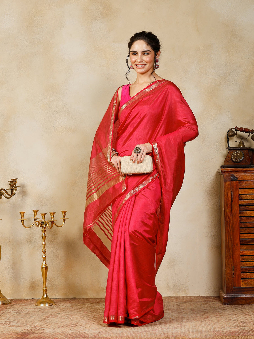 Hot Pink Woven Design Art Silk Saree