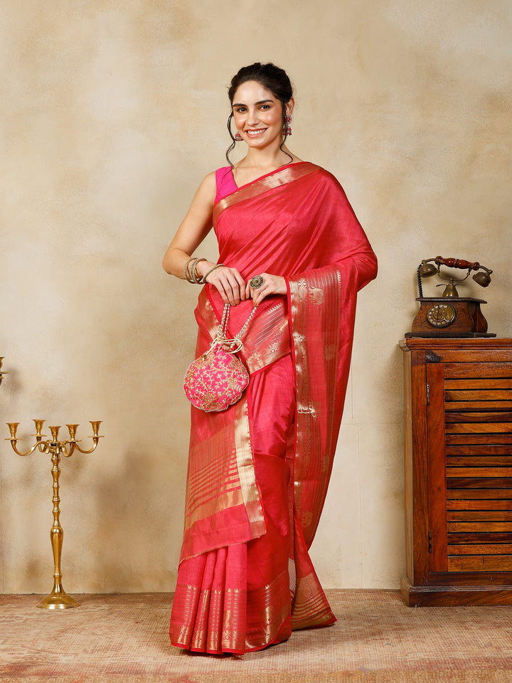 Hot Pink Woven Design Art Silk Saree