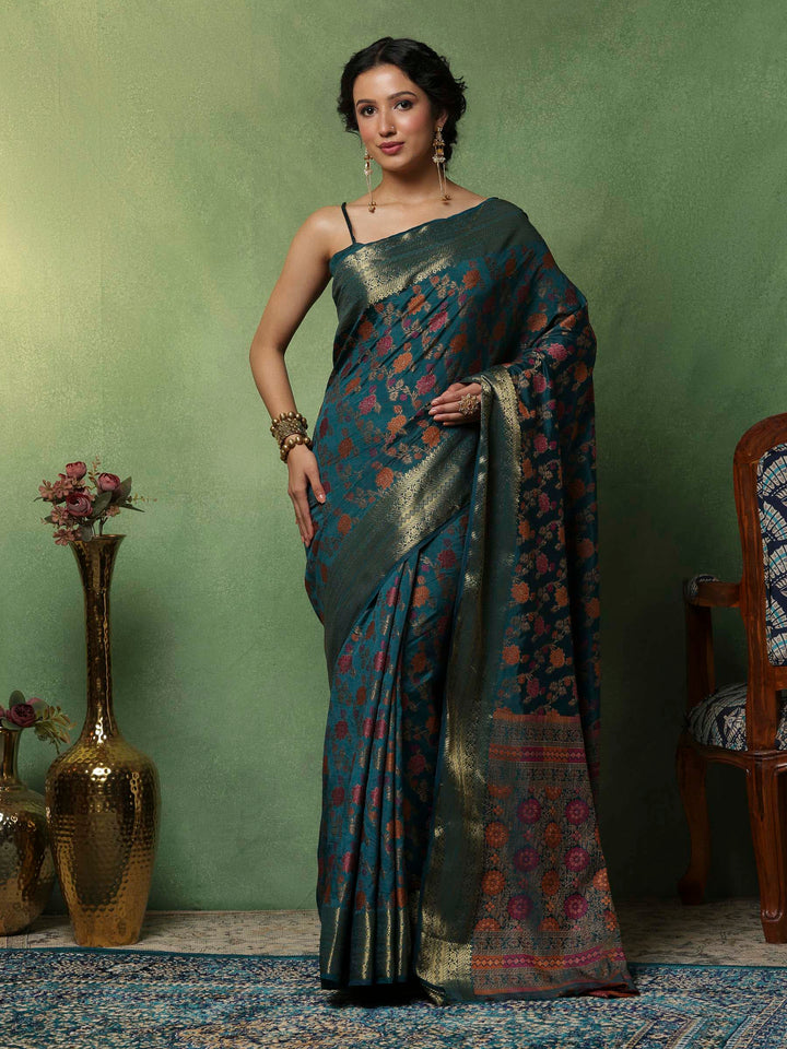 Teal Blue Woven Design Art Silk Saree