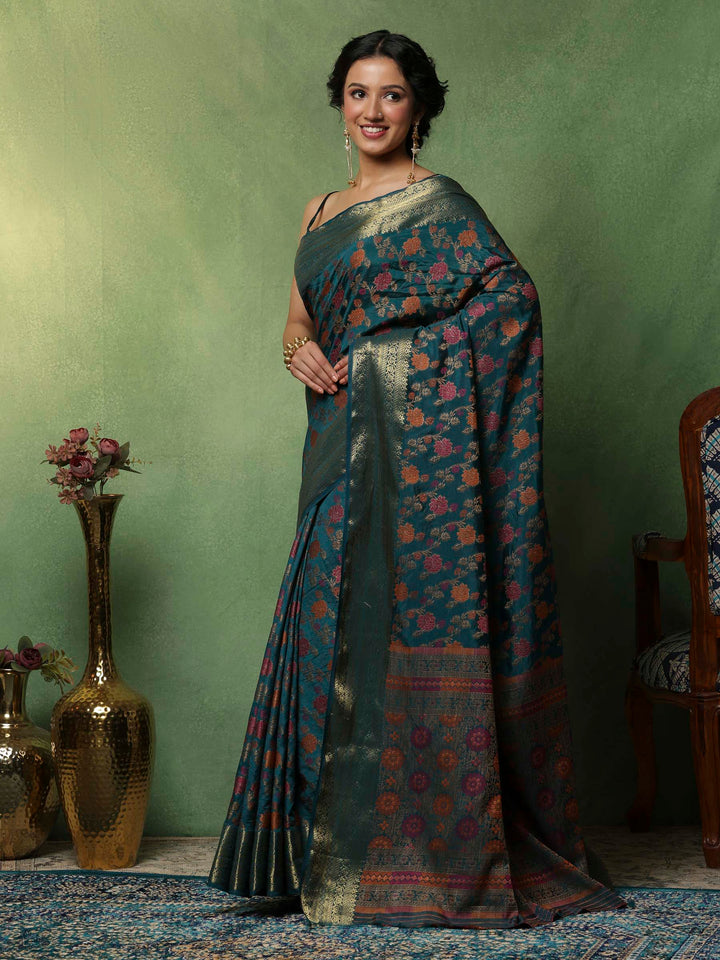 Teal Blue Woven Design Art Silk Saree