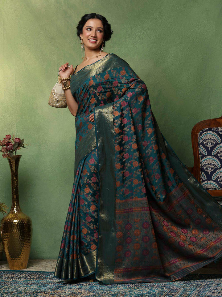 Teal Blue Woven Design Art Silk Saree