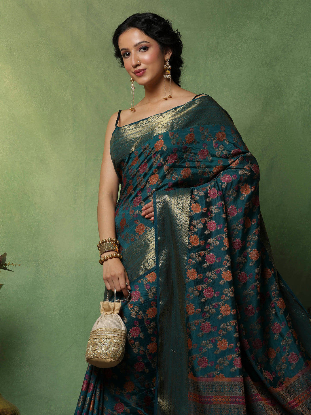 Teal Blue Woven Design Art Silk Saree