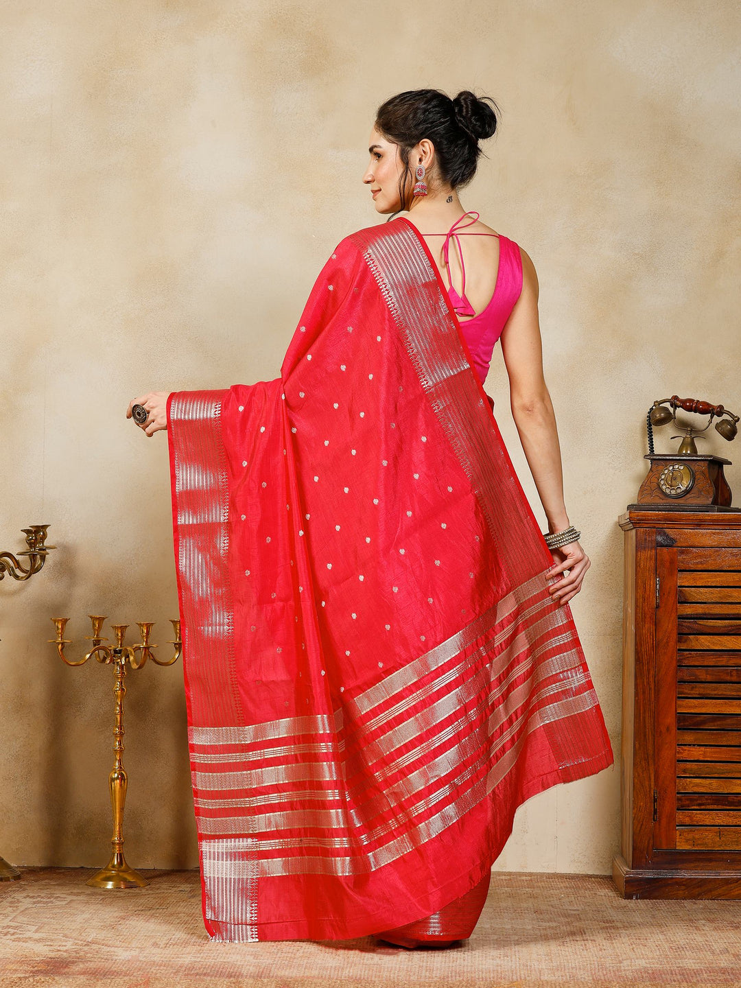 Hot Pink Woven Design Art Silk Saree