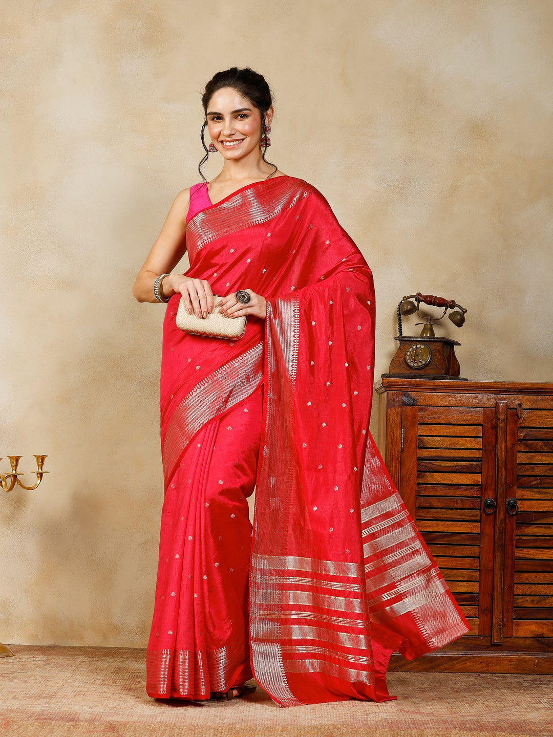 Hot Pink Woven Design Art Silk Saree